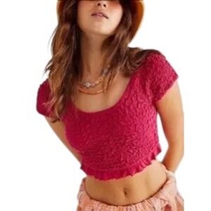 Free People XS Crop Top Cropped Smocked Raspberry Hot Pink Short Sleeve Y2K 1479
